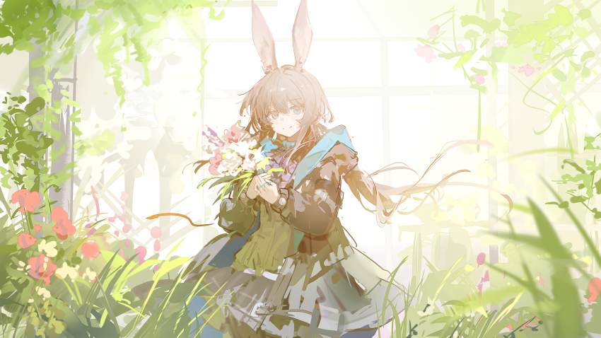 1girl absurdres amiya_(arknights) animal_ear_fluff animal_ears arknights black_jacket blue_eyes bouquet brown_hair closed_mouth flower green_shirt grey_skirt hair_between_eyes highres holding holding_bouquet jacket long_hair looking_at_viewer luozhou_pile purple_flower rabbit_ears rabbit_girl red_flower shirt sidelocks skirt smile solo white_flower