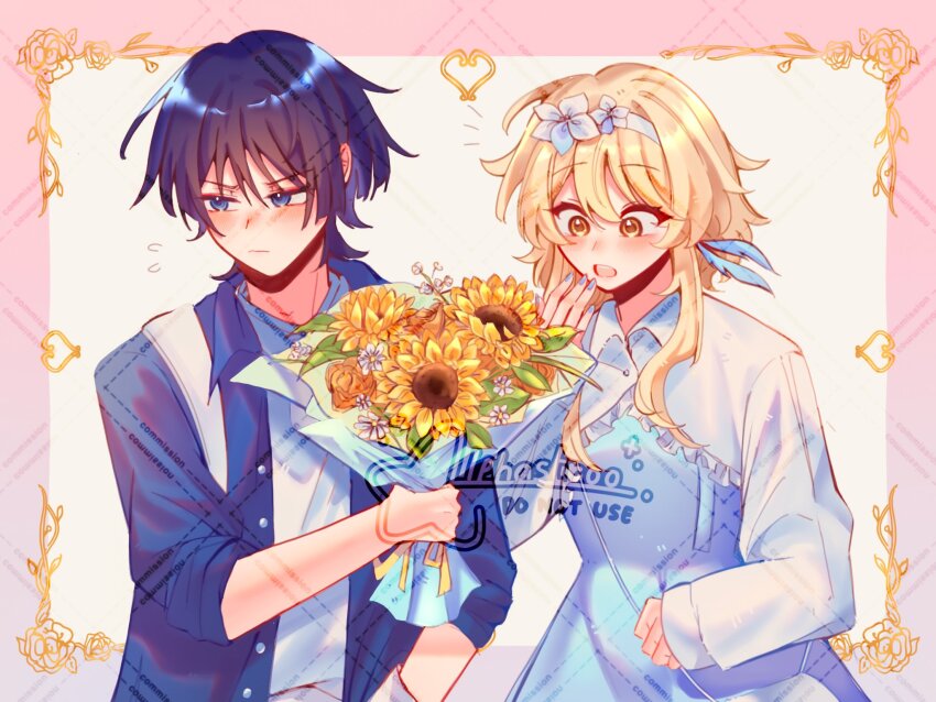 1boy 1girl alphastroo alternate_costume arm_at_side averting_eyes blonde_hair blue_dress blue_eyes blue_feathers blue_flower blue_nails blue_shirt blue_sleeves blunt_ends blush border bouquet brown_flower casual clenched_hand closed_mouth collared_shirt commission contemporary dress embarrassed eyeliner eyeshadow feather_hair_ornament feathers flower furrowed_brow genshin_impact hair_flower hair_ornament hairband hand_in_pocket hand_up heart hetero highres holding holding_bouquet layered_shirt long_sleeves looking_at_object looking_to_the_side lumine_(genshin_impact) makeup multicolored_flower notice_lines open_clothes open_mouth open_shirt ornate_border pink_border purple_flower purple_hair red_eyeliner red_eyeshadow rose scaramouche_(genshin_impact) shirt short_hair short_hair_with_long_locks shrug_(clothing) sidelocks sleeves_rolled_up sunflower teeth three-quarter_sleeves tsurime upper_teeth_only watermark watermark_grid white_flower white_hairband white_shirt white_shrug white_sleeves white_undershirt wide-eyed yellow_eyes yellow_flower