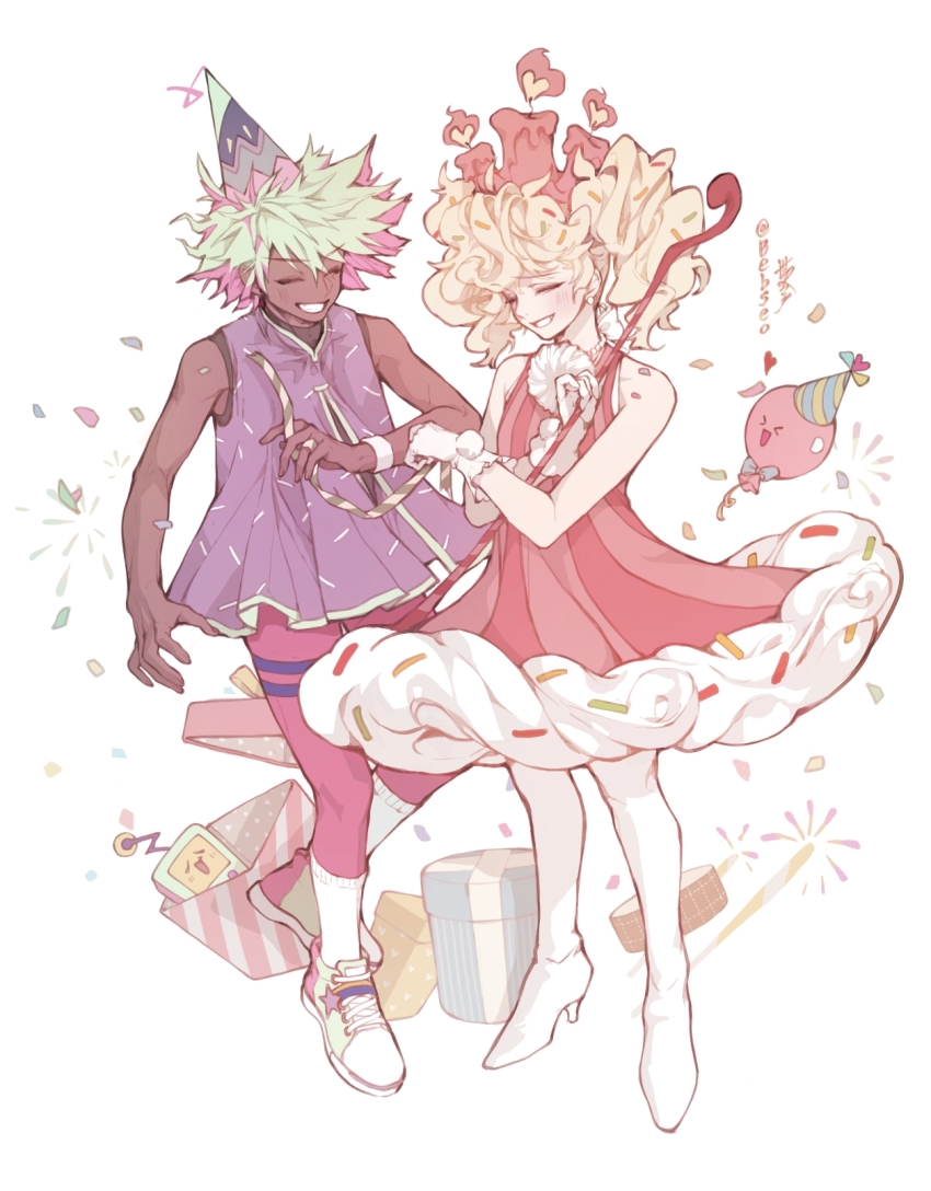 &gt;_&lt; 2girls :d ^_^ balloon bare_arms bare_shoulders bebseo birthday_cake_cookie blonde_hair boots breasts candle closed_eyes colored_inner_hair commentary confetti cookie_run cookie_run:_ovenbreak curly_hair dark-skinned_female dark_skin dress english_commentary facing_another firecracker_cookie food-themed_clothes frilled_gloves frilled_shirt frills full_body gift gloves green_hair green_shoes grin hair_between_eyes hat heart high_heel_boots high_heels highres holding holding_ribbon humanization kneehighs medium_dress medium_hair multicolored_hair multiple_girls open_mouth pale_skin pantyhose party_balloon party_hat pink_dress pink_hair pink_pantyhose pom_pom_(clothes) purple_shirt raised_inner_eyebrows ribbon shirt shoes short_hair sleeveless sleeveless_dress sleeveless_shirt small_breasts smile socks spiked_hair sprinkles standing star_(symbol) striped_clothes striped_dress super_pewpew! thigh_boots twintails twitter_username two-tone_hair v-shaped_eyebrows vertical-striped_clothes vertical-striped_dress white_background white_boots white_gloves white_socks