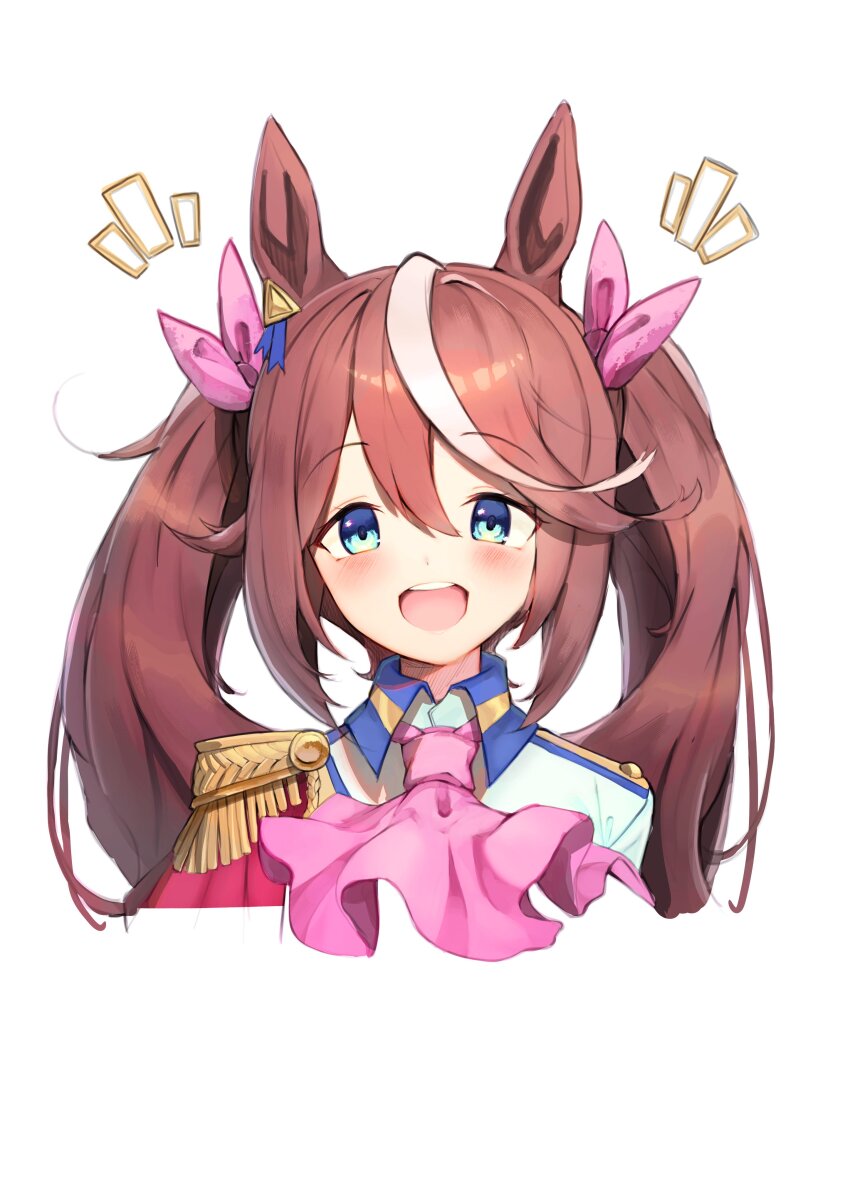 1girl :d absurdres alternate_hairstyle animal_ears ascot blue_eyes blue_shirt blush bow brown_hair cape collared_shirt commentary_request ear_ornament epaulettes hair_between_eyes hair_bow highres horse_ears horse_girl long_hair looking_at_viewer multicolored_clothes multicolored_hair open_mouth pink_ascot pink_bow red_cape shirt side_cape sidelocks single_epaulette smile solo streaked_hair teeth tokai_teio_(umamusume) tsujiya_okuyasu twintails umamusume uniform upper_body upper_teeth_only white_hair white_shirt