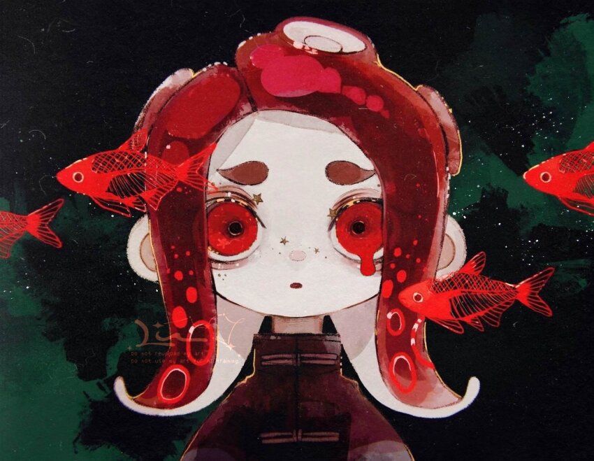 1girl black_background black_jacket fish furrowed_brow jacket li04r liquid_from_eyes looking_at_viewer medium_hair nintendo octoling octoling_girl octoling_player_character parted_bangs parted_lips portrait red_eyes red_hair school_of_fish solo splatoon_(series) straight-on tentacle_hair watermark