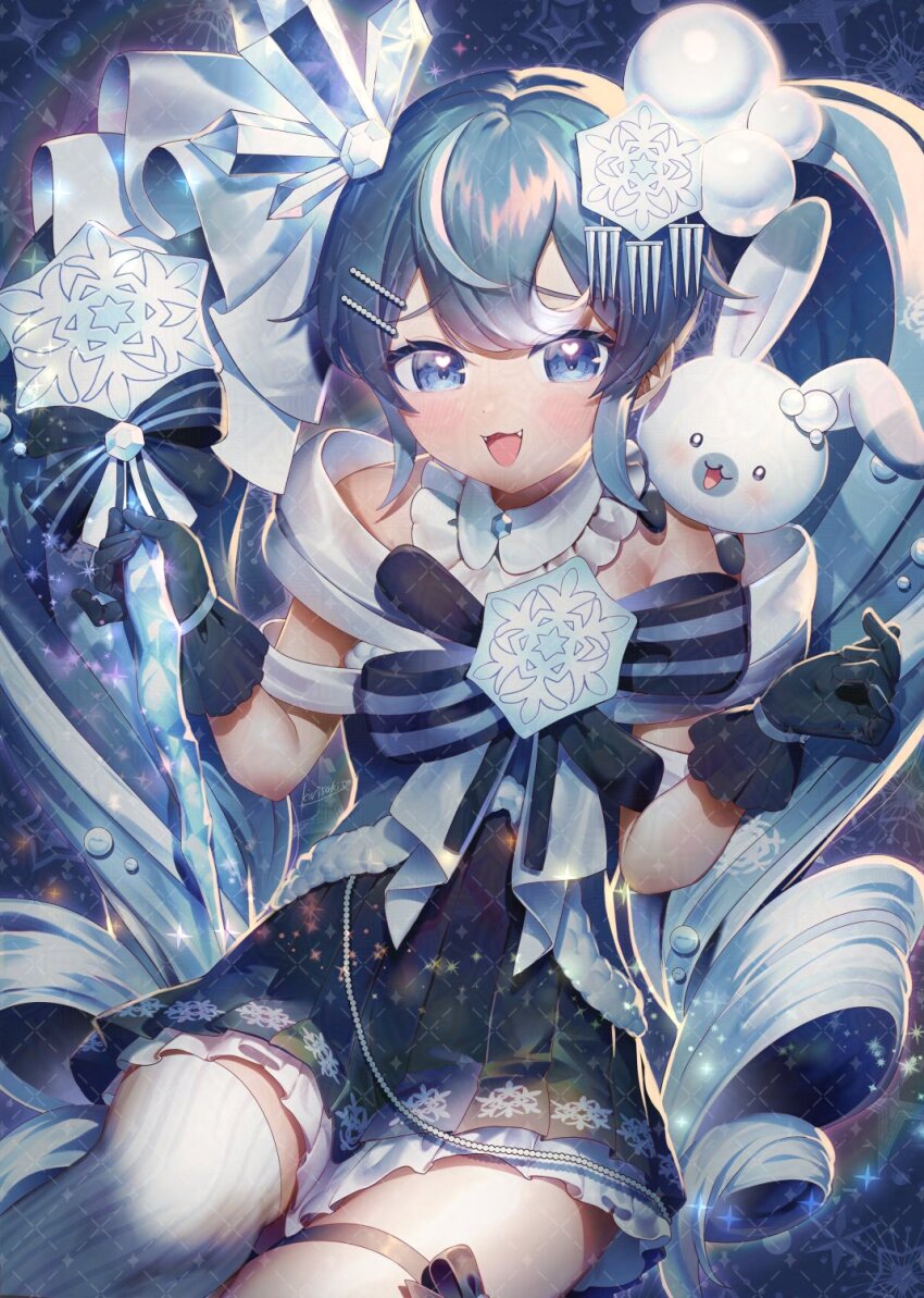 1girl 1other animal_ears asymmetrical_legwear bare_shoulders black_gloves black_skirt blue_eyes blue_hair blush commentary fangs gloves hatsune_miku heart heart-shaped_pupils highres holding holding_scepter kirisaki_shuusei long_hair official_alternate_costume official_alternate_hairstyle open_mouth pleated_skirt rabbit rabbit_ears rabbit_yukine scepter sitting skirt smile snowflake_print snowflakes symbol-shaped_pupils thigh_strap thighhighs twintails very_long_hair vocaloid white_thighhighs yuki_miku yuki_miku_(2025)