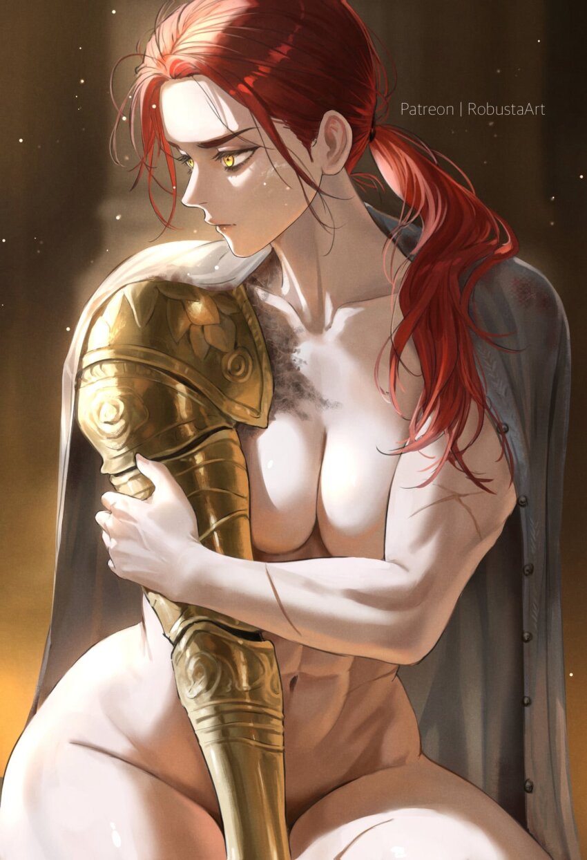 1girl abs bare_hips blurry blurry_background breasts burn_scar cape center_opening completely_nude covering_breasts covering_privates elden_ring groin hand_on_own_arm highres large_breasts long_eyebrows looking_to_the_side mechanical_arms millicent_(elden_ring) muscular muscular_female nude patreon_username pillar ponytail prosthesis prosthetic_arm red_hair robusta_mania scar single_mechanical_arm sitting white_cape yellow_eyes