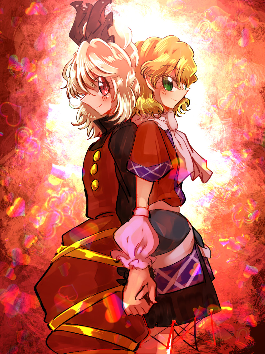 arm_warmers back-to-back black_bow black_shirt blonde_hair blush bow brown_dress brown_eyes brown_shirt buttons closed_mouth commentary_request cowboy_shot dress green_eyes hair_bow hair_bun highres holding_hands kurodani_yamame long_sleeves looking_at_viewer looking_to_the_side mizuhashi_parsee orange_background pinafore_dress pointy_ears profile ribbon scarf shippuu_jinnari shirt short_hair short_sleeves single_hair_bun sleeveless sleeveless_dress smile touhou white_scarf yellow_ribbon yuri