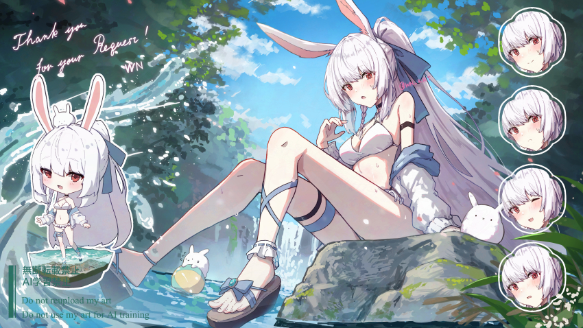 1girl absurdres animal_ears bikini breasts commentary_request commission highres indie_virtual_youtuber long_hair medium_breasts multiple_expressions open_mouth outdoors rabbit_ears red_eyes skeb_commission swimsuit virtual_youtuber wn_(wani-noko)