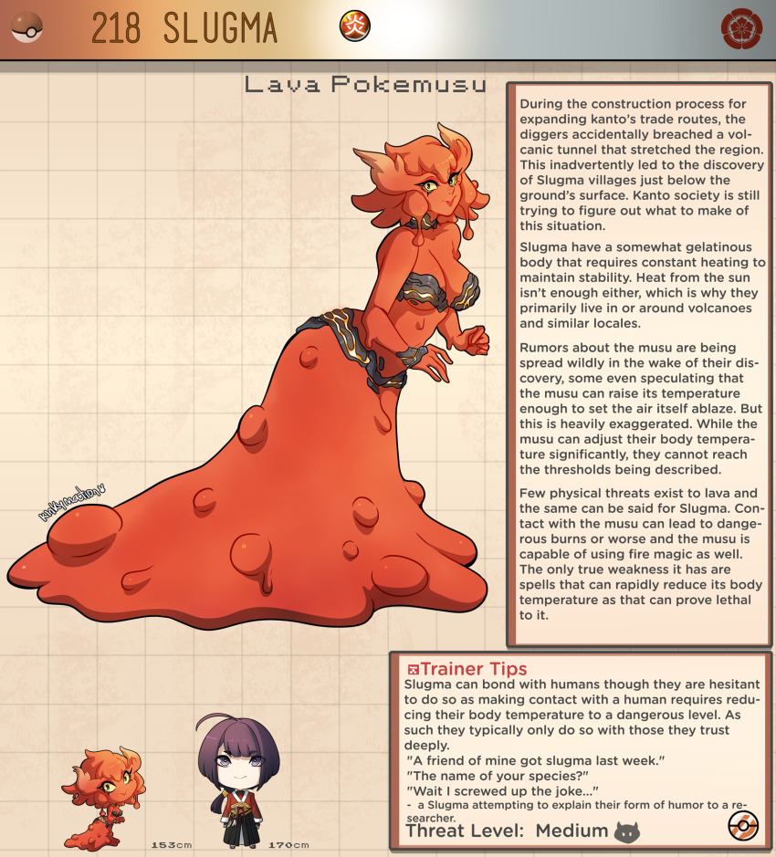 1boy 1girl artist_name black_hair breasts brown_background brown_eyes character_name character_profile cleavage colored_sclera colored_skin commentary english_commentary english_text gen_2_pokemon highres kinkymation large_breasts lava medium_breasts monster_girl nintendo personification poke_ball poke_ball_(basic) pokemon red_hair red_skin slime_girl slugma yellow_sclera