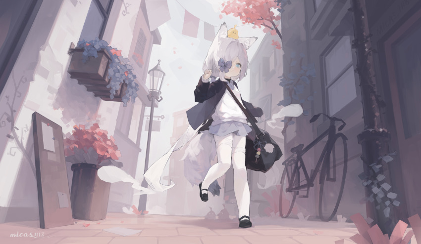 1girl absurdres animal_ear_fluff animal_ears artist_name azur_lane bicycle black_shoes blue_bow blue_eyes blue_jacket blue_ribbon bow collared_shirt commentary_request dutch_angle fox_ears fox_girl fox_tail from_below grey_shirt grey_skirt hair_bow hair_over_one_eye hair_ribbon highres jacket kasumi_(at_school_with_foo)_(azur_lane) kasumi_(azur_lane) kasumi_1118 lamppost long_hair low_twintails manjuu_(azur_lane) mary_janes official_alternate_costume outdoors parted_lips plant potted_plant ribbon shirt shoes skirt solo sweater_vest tail thighhighs town twintails very_long_hair walking white_hair white_sweater_vest white_thighhighs