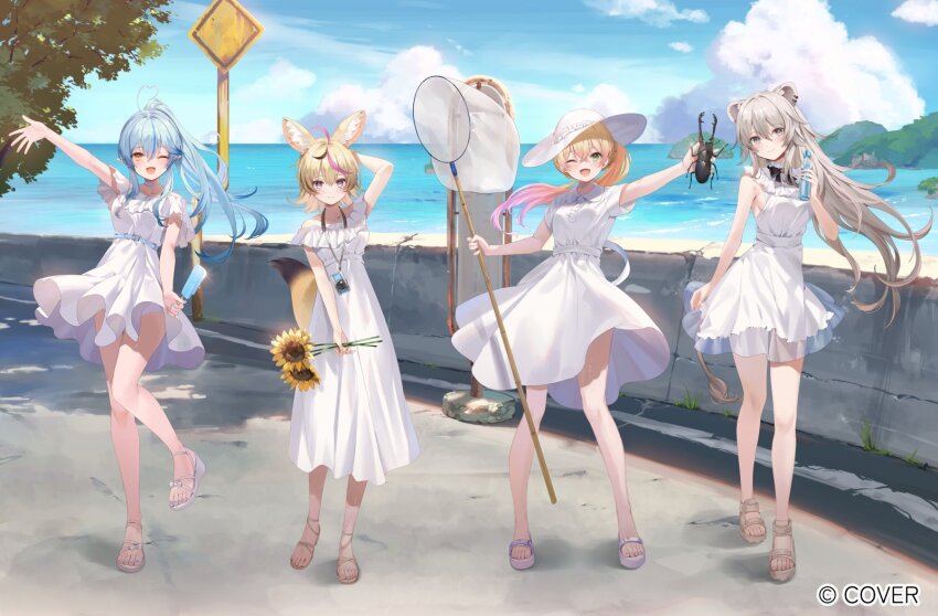 4girls ahoge animal_ear_fluff animal_ears arm_behind_head black_bow black_bowtie black_hair blonde_hair blue_hair blue_sky bottle bow bowtie camera closed_mouth cloud collared_dress crossed_bangs day double-parted_bangs dress elf flower food fox_ears fox_girl fox_tail full_body gradient_hair green_eyes grey_eyes grey_hair hair_between_eyes hand_up heart heart_ahoge high-waist_dress highres holding holding_bottle holding_flower holding_food holding_popsicle hololive holonatsu_paradise horizon kanda_done lion_ears lion_tail long_dress long_hair looking_at_viewer momosuzu_nene momosuzu_nene_(holonatsu_paradise) multicolored_hair multiple_girls nepolabo ocean off-shoulder_dress off_shoulder official_alternate_costume official_alternate_hairstyle official_art omaru_polka omaru_polka_(holonatsu_paradise) one_eye_closed open_mouth outdoors outstretched_arm pink_hair pointy_ears ponytail popsicle ramune shishiro_botan shishiro_botan_(holonatsu_paradise) short_dress short_hair short_sleeves sidelocks sky sleeveless sleeveless_dress smile standing streaked_hair sundress sunflower tail very_long_hair virtual_youtuber white_dress yellow_eyes yukihana_lamy yukihana_lamy_(holonatsu_paradise)