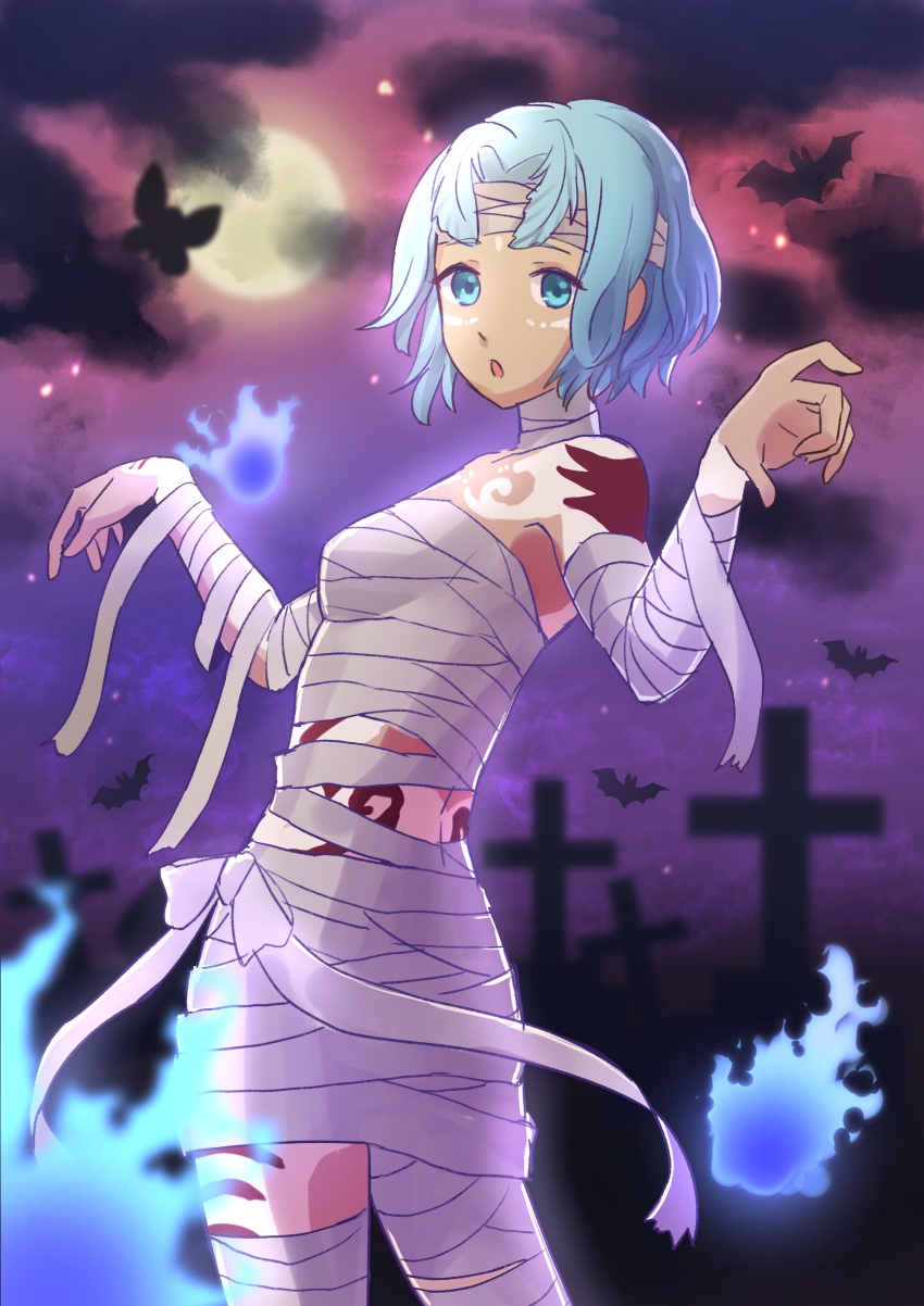 1girl absurdres amenomori430 antennae bandages bat_(animal) blue_eyes blue_fire blue_hair bodypaint breasts bug cloud cosplay dark_skin energy fire full_moon ghost_ball glowing godzilla:_city_on_the_edge_of_battle godzilla_(series) grave halloween highres houtua insect maina miana monster_girl moon moth mummy night polygon_pictures revealing_clothes small_breasts tattoo toho tombstone tribal tribal_tattoo