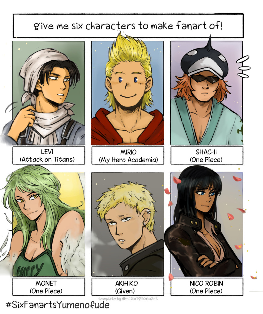 2girls 4boys black_dress blonde_hair blue_eyes blunt_bangs boku_no_hero_academia brown_hair camisole character_name commentary copyright_name crossed_arms dress english_commentary falling_petals given green_camisole green_hair headscarf highres japanese_clothes kaji_akihiko kimono leather_dress levi_(shingeki_no_kyojin) looking_at_viewer medium_hair monet_(one_piece) multiple_boys multiple_drawing_challenge multiple_girls nico_robin one_piece orange_hair petals pink_petals quiff shachi_(one_piece) shingeki_no_kyojin short_hair sidelocks smile sunglasses togata_mirio twitter_username wings yumenofude