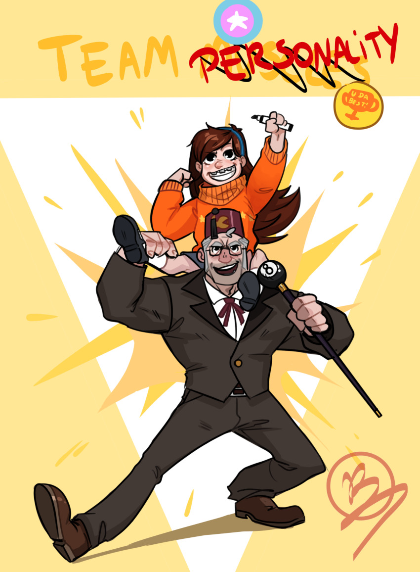 1boy 1girl 8-ball beard_stubble big_nose black_eyes black_footwear black_pants black_suit blue_headband bow bowtie braces broad_shoulders brown_footwear brown_hair cane carrying cheschirebacon collared_shirt facial_hair fez_hat formal_clothes glasses gravity_falls grey_hair headband highres holding holding_cane holding_marker long_hair mabel_pines marker muscular muscular_male old old_man open_mouth orange_sweater pants piggyback red_bow red_bowtie shirt smile grunkle_stan stubble suit sweater teeth uncle_and_niece upper_teeth_only white_shirt