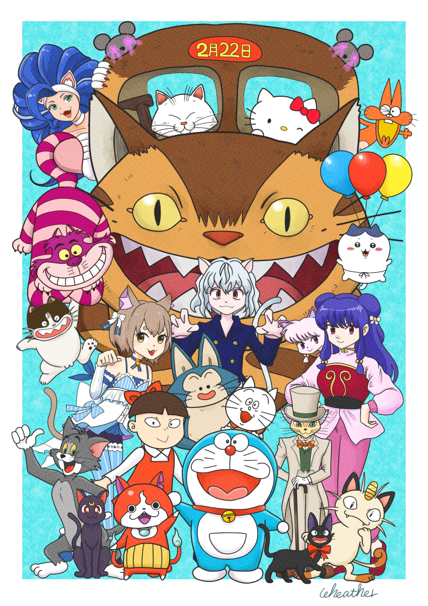 1boy 4girls :3 :d absurdres alice&#039;s_adventures_in_wonderland alternate_form animal animal_ear_fluff animal_ears annotated balloon batsugorou bell black_cat blue_hair blue_jacket bow bowtie brown_hair cane cat cat_day cat_ears cat_tail cheshire_cat_(alice_in_wonderland) chiikawa chinese_clothes claw_pose closed_eyes commentary_request crescent crescent_facial_mark crossover darkstalkers dated doraemon doraemon_(character) dragon_ball dress dual_persona facial_mark fangs fangs_out felicia_(darkstalkers) felix_argyle forehead_mark formal_clothes gegege_no_kitarou gen_1_pokemon gloves green_vest grey_headwear grey_jacket grey_pants grey_suit grin hachiware_(chiikawa) hair_bow hair_ornament hands_on_own_hips happy hat hello_kitty hello_kitty_(character) highres holding holding_cane hunter_x_hunter jacket jarinko_chie jibanyan jiji_(majo_no_takkyuubin) jingle_bell karin_(dragon_ball) kotetsu_(jarinko_chie) long_hair long_sleeves looking_at_viewer luna_(sailor_moon) meowth mouretsu_atarou multiple_crossover multiple_girls neferpitou neko_no_ongaeshi nekobus nekomusume_(gegege_no_kitarou_3) nintendo nyarome one_eye_closed open_mouth pants paw_pose pinafore_dress pokemon pokemon_(creature) puar ranma_1/2 re:zero_kara_hajimeru_isekai_seikatsu red_bow red_bowtie red_dress red_eyes sanrio sazae-san shampoo_(cat) shampoo_(ranma_1/2) sharp_teeth shirt short_hair sidelocks sleeveless sleeveless_dress smile species_connection standing suit tail tama_(sazae-san) teeth the_baron_(mimi_wo_sumaseba) tom_(tom_and_jerry) tom_and_jerry tonari_no_totoro top_hat trap vest wheather white_bow white_cat white_gloves white_hair white_shirt yellow_eyes youkai_watch