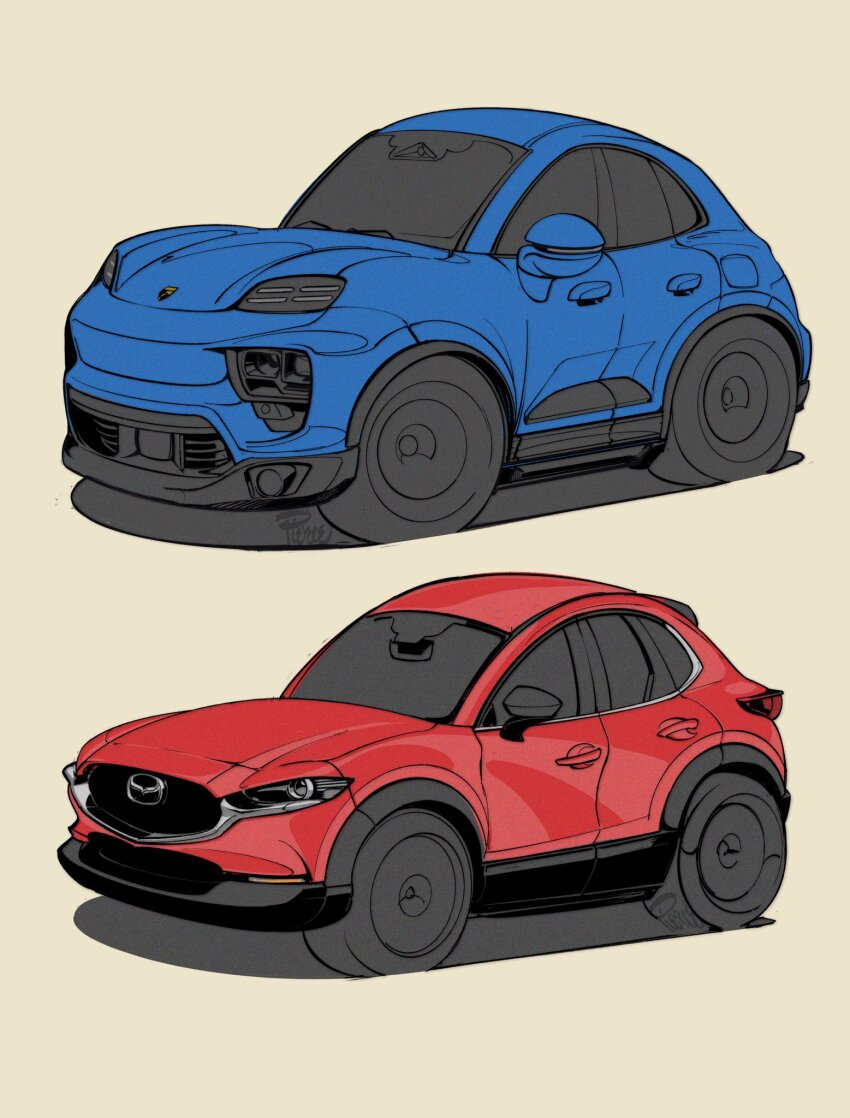 blue_car brown_background car commentary english_commentary highres mazda mazda_cx-30 motor_vehicle no_humans original porsche porsche_macan red_car shadow sports_utility_vehicle vehicle_focus will_pierce