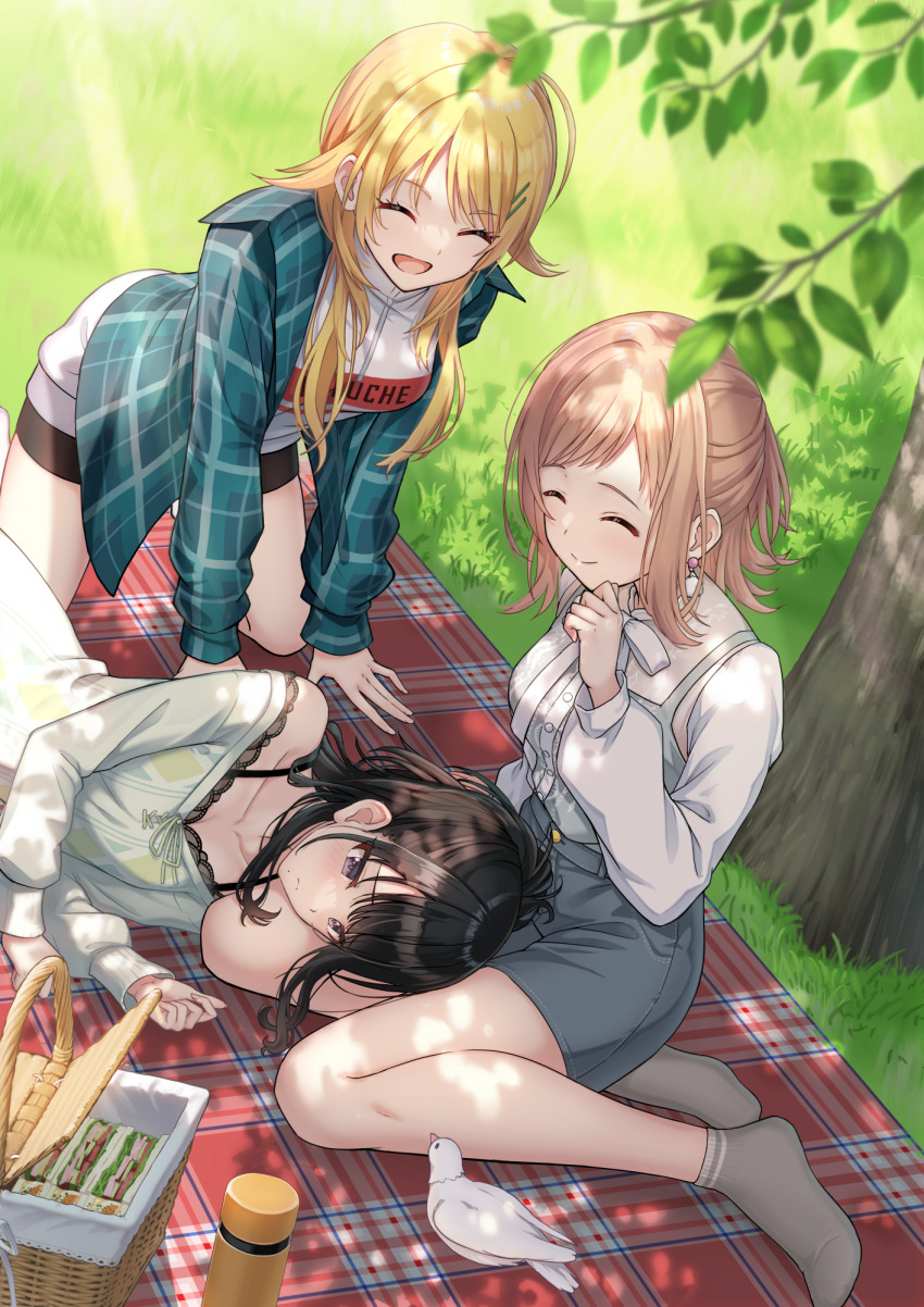 3girls ^_^ all_fours bike_shorts bird blonde_hair blush brown_hair closed_eyes food grass hachimiya_meguru highres idolmaster idolmaster_shiny_colors illumination_stars_(idolmaster) jacket kazano_hiori lap_pillow lying macha0331 multiple_girls off-shoulder_shirt off_shoulder on_side outdoors picnic picnic_basket pigeon plaid_clothes plaid_jacket sakuragi_mano sandwich shirt sitting smile tree yokozuwari