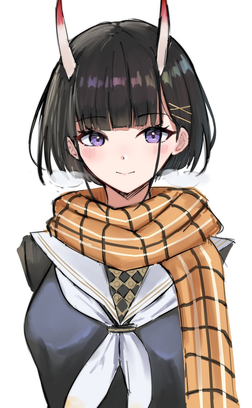 1girl alternate_hair_length alternate_hairstyle azur_lane black_hair black_serafuku blush breasts cropped_arms demon_girl demon_horns hair_ornament hairclip happy highres horns looking_at_viewer medium_breasts neckerchief noshiro_(azur_lane) oni purple_eyes scar school_uniform serafuku short_hair smile solo soul_(dp11) upper_body white_neckerchief x_hair_ornament