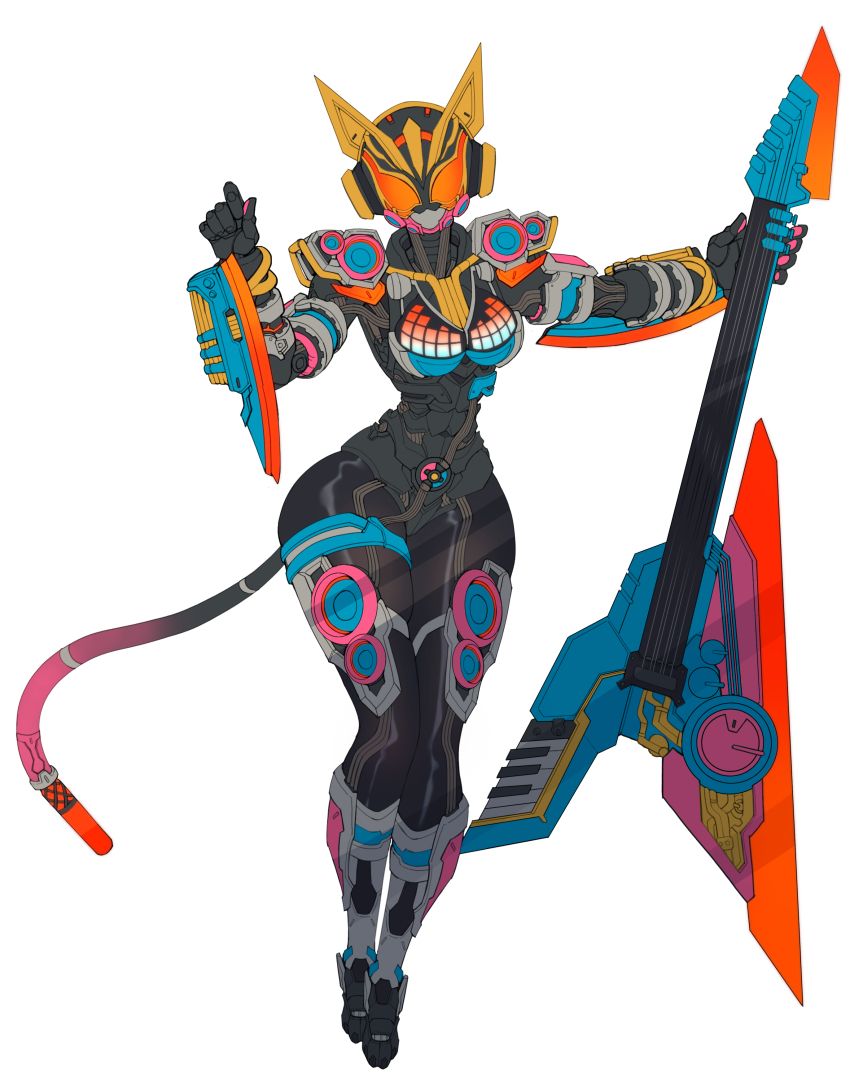 1girl absurdres armor beat_axe beat_buckle breasts cable cable_tail catball1994 clenched_hand full_body guitar head_tilt highres holding holding_instrument instrument kamen_rider kamen_rider_geats_(series) kamen_rider_na-go looking_at_viewer mechanical_tail medium_breasts orange_eyes power_armor solo tail tokusatsu white_background wide_hips