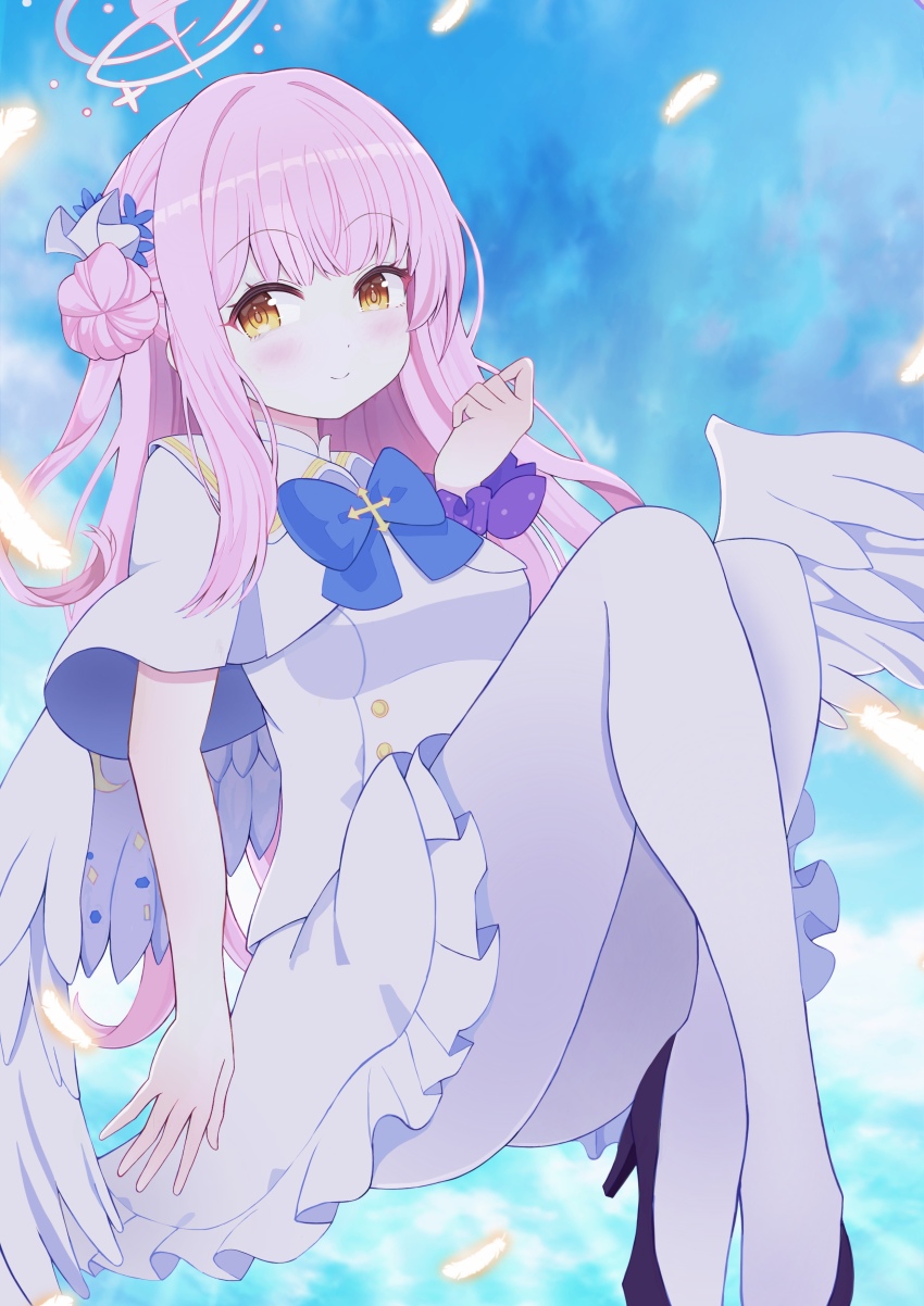 1girl absurdres blue_archive bow bowtie dress highres long_hair looking_at_viewer mika_(blue_archive) mikoko1 outdoors pink_hair solo white_dress wings yellow_eyes