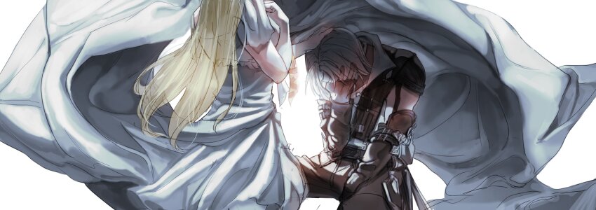 1boy 1girl absurdres armor blonde_hair body_armor breasts commentary cropped_head final_fantasy final_fantasy_xiv fingerless_gloves gauntlets gloves hand_on_another&#039;s_head hand_on_own_face highres long_hair medium_breasts minfilia_warde popped_collar sad shirt short_sleeves sona_(mmediocreman) thancred_waters white_background white_shirt