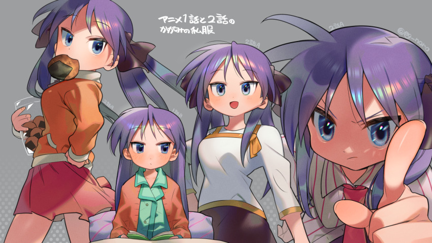 1girl black_ribbon blush breasts closed_mouth collarbone grey_background hair_down hair_ribbon hiiragi_kagami index_finger_raised long_hair long_sleeves looking_at_viewer lucky_star medium_breasts open_mouth pointing pointing_at_viewer purple_eyes purple_hair ribbon simple_background smile sofa_(enogunomu) solo translation_request twintails twitter_username