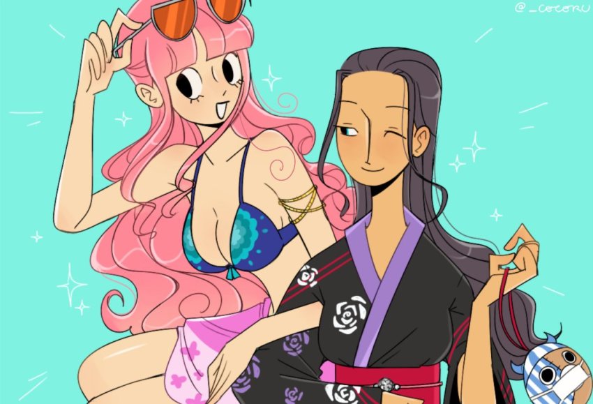 2girls armlet black_eyes black_hair blue_background blue_eyes breasts cesel cleavage floral_print floral_print_kimono japanese_clothes jewelry kimono kumacy long_hair looking_at_another looking_to_the_side multiple_girls nico_robin obi one_eye_closed one_piece perona pink_hair print_kimono sash simple_background skirt sparkle sunglasses tan