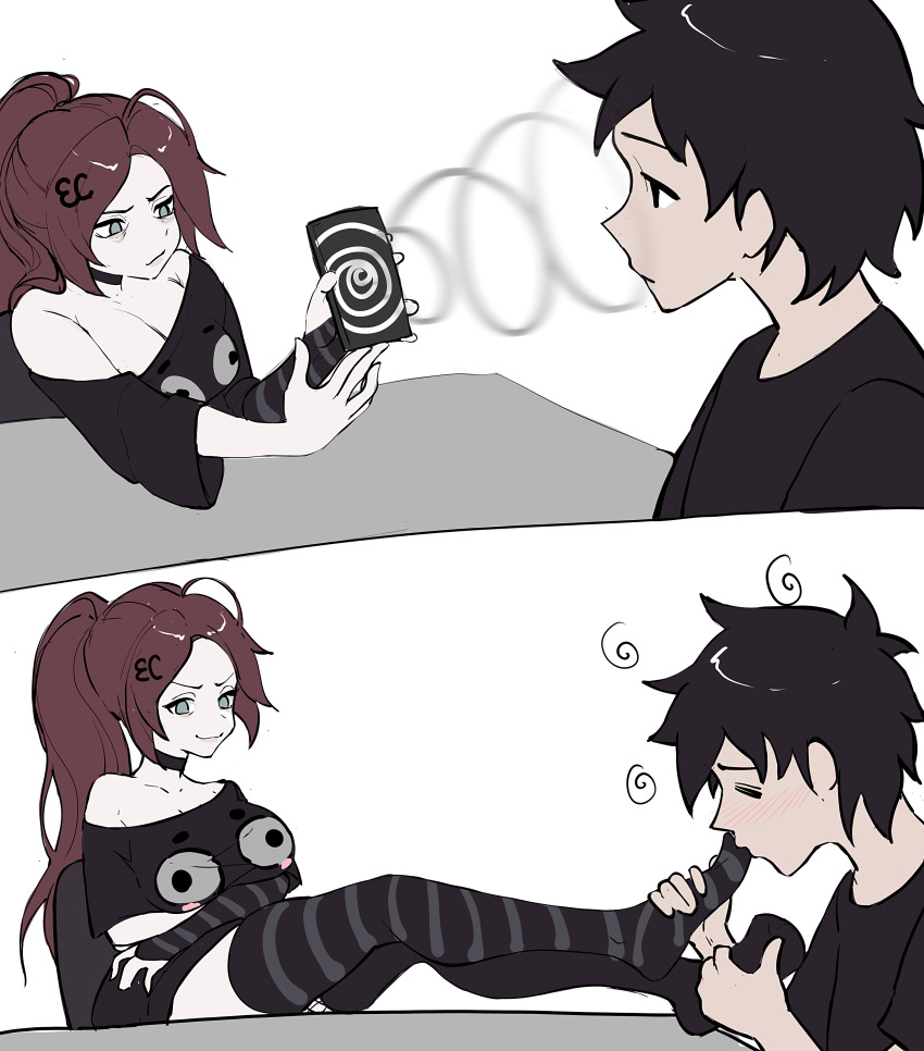 1boy 1girl absurdres breasts brown_hair cellphone eternalchan feet highres holding holding_phone hypnosis large_breasts licking licking_foot long_hair meme mind_control original phone smartphone smug thighs