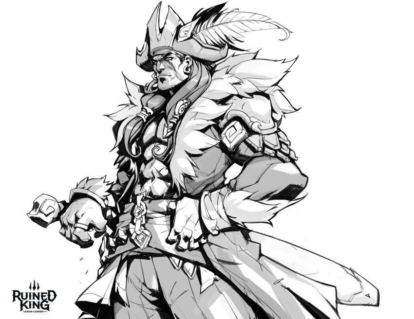 1boy abs character_request closed_mouth copyright_name cowboy_shot facial_hair fur_trim greyscale hat hat_feather hicham_habchi highres league_of_legends long_hair long_sleeves monochrome muscular muscular_male official_art pants pirate_hat ruined_king:_a_league_of_legends_story scar scar_across_eye scar_on_face smile solo stubble weapon white_background