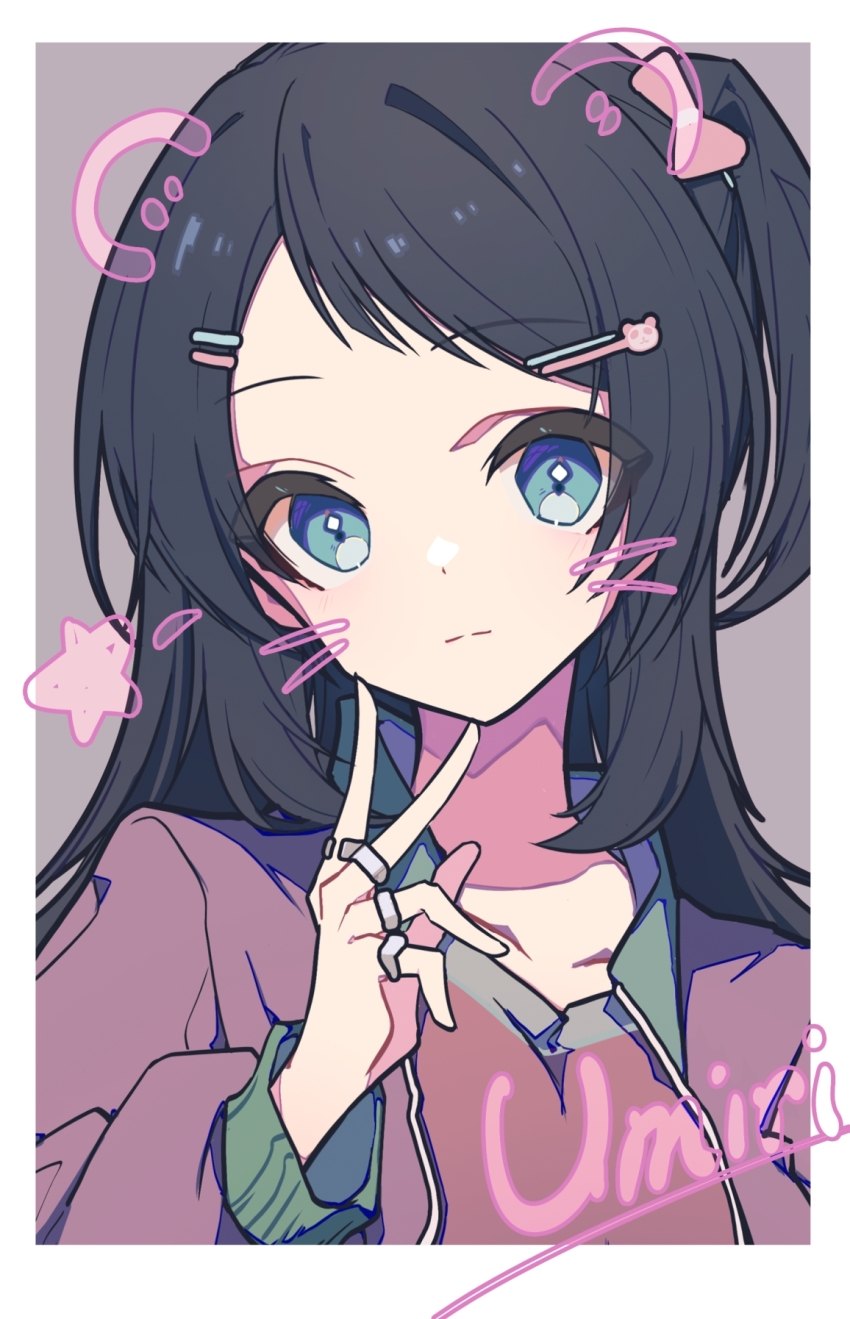 1girl bang_dream! bang_dream!_it&#039;s_mygo!!!!! black_hair blue_eyes character_name closed_mouth commentary_request drawn_ears drawn_whiskers fake_photograph hair_ornament hairclip hand_up highres jacket long_hair long_sleeves one_side_up purple_jacket solo upper_body yahata_umiri zhong_xiansheng