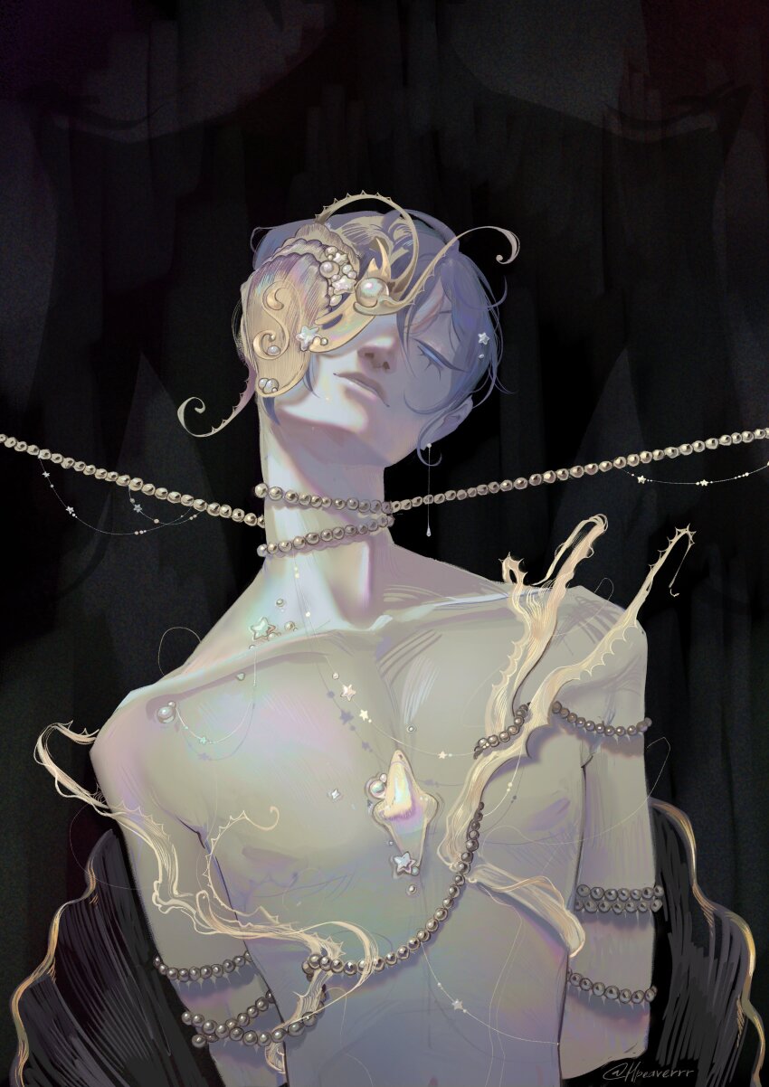 1boy absurdres beads blue_eyes bound bound_arms ciel_phantomhive collarbone eyelashes highres hpeaverrr kuroshitsuji lips male_focus painterly parted_lips short_hair