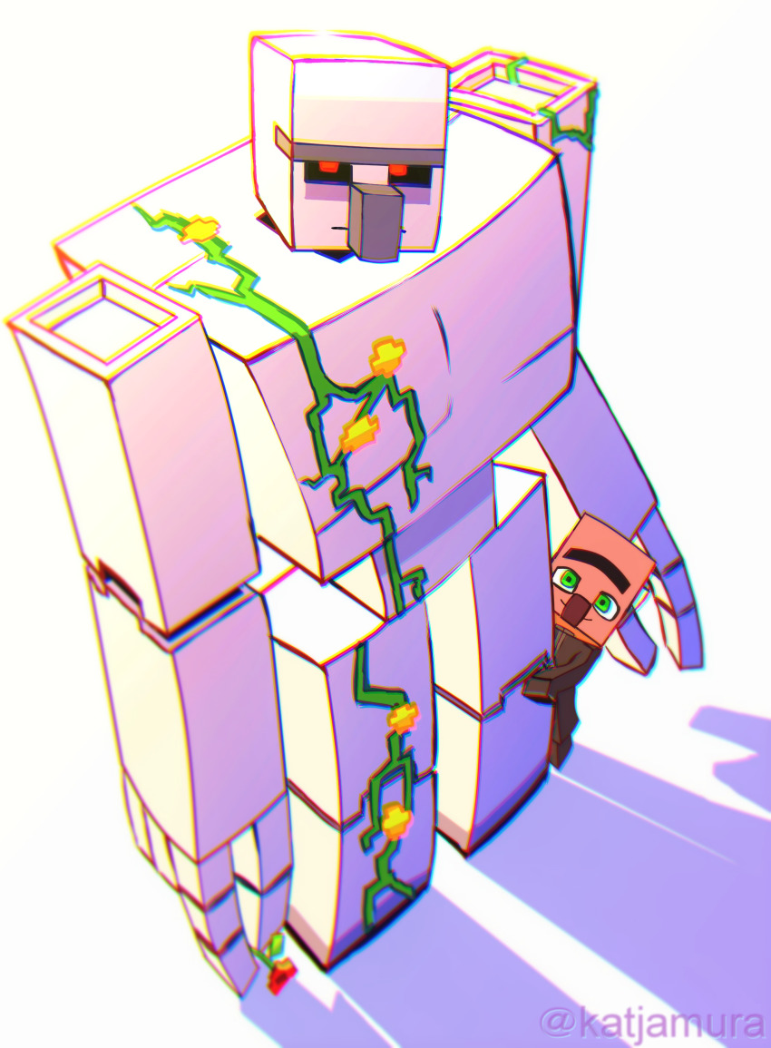 1other absurdres arm_vines brown_shirt creature flower from_side giant golem green_eyes head_tilt hiding highres holding holding_flower iron_golem_(dark_souls) iron_golem_(minecraft) katjamura long_nose looking_at_viewer mechanical_arms mechanical_legs metal_skin minecraft plant poppy_(flower) red_eyes red_flower shadow shirt simple_background sunlight taking_cover thick_eyebrows twitter_username villager_(minecraft) vines white_background