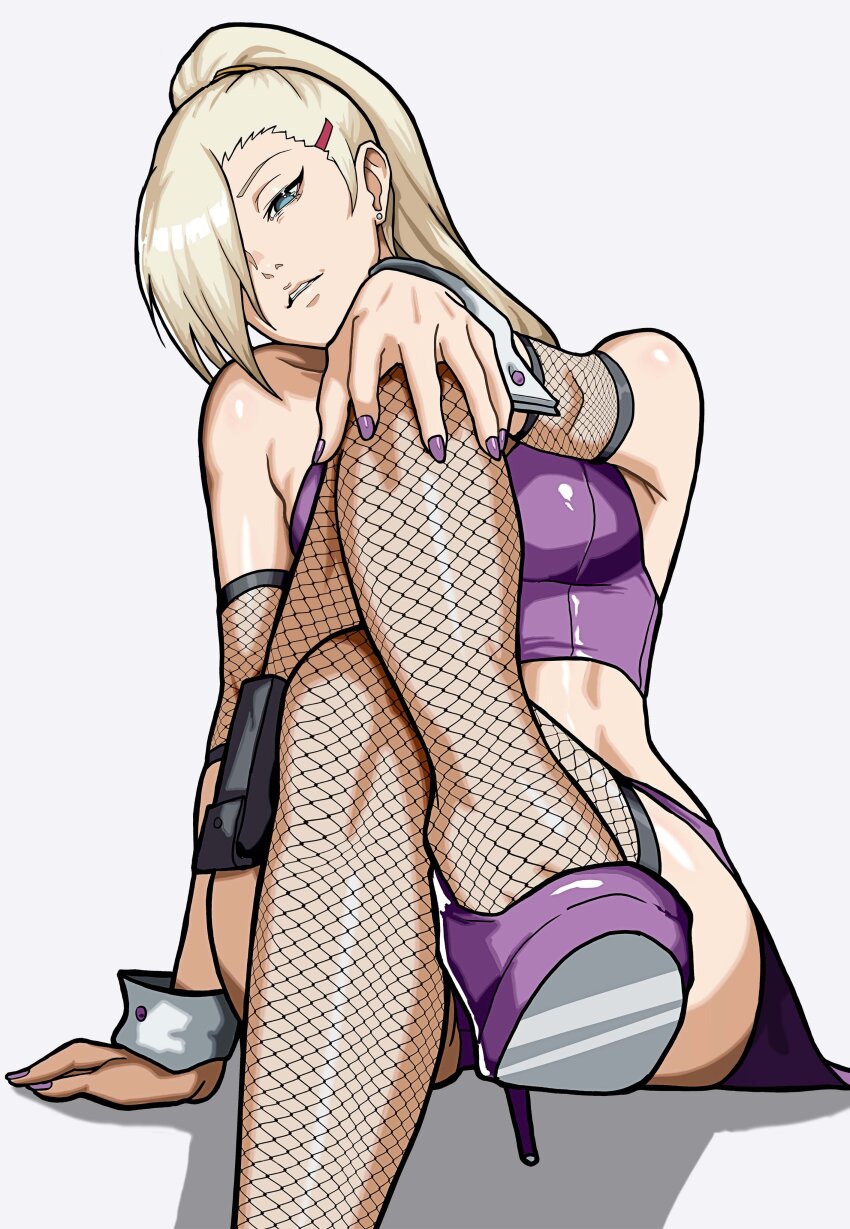 1girl absurdres bare_shoulders black_pouch blonde_hair blue_eyes crop_top crossed_legs ear_piercing earrings facing_viewer fingernails fishnet_armwear fishnet_thighhighs fishnets footwear_focus hair_ornament hair_over_one_eye hairclip hand_on_own_knee high_heels high_ponytail highres jewelry long_hair looking_at_viewer midriff mikey_pie nail_polish naruto_(series) naruto_shippuuden piercing ponytail pouch purple_footwear purple_nails purple_shirt purple_skirt shirt sitting skirt solo stud_earrings thigh_pouch thighhighs white_background white_wrist_cuffs wrist_cuffs yamanaka_ino