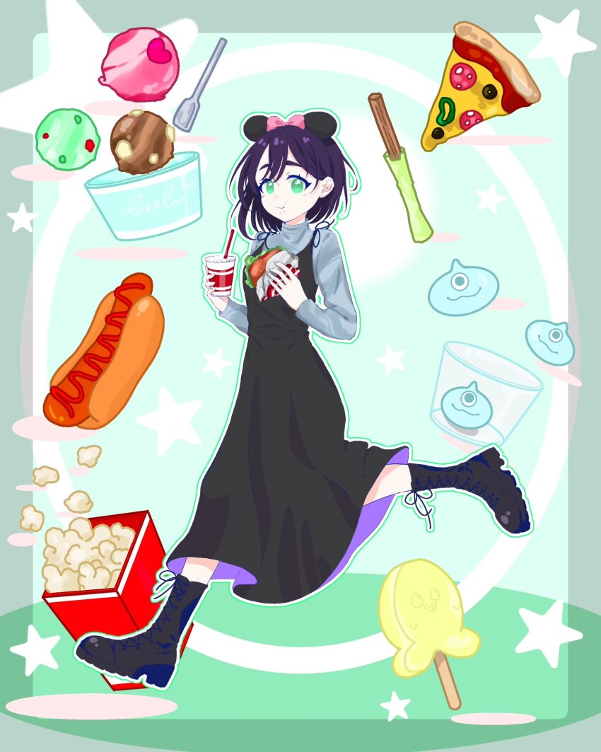 1girl black_boots black_dress boots burger churro dress drink eating food green_eyes grey_shirt haraga_kurumi highres holding holding_burger holding_drink holding_food hot_dog ice_cream_cup kikka_1003 kimi_no_koto_ga_dai_dai_dai_dai_daisuki_na_100-nin_no_kanojo lace-up_boots medium_hair minnie_mouse_ears pizza pizza_slice popcorn popsicle purple_hair running shirt sleeveless sleeveless_dress slime_(creature) solo star_(symbol)