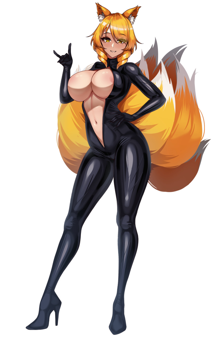 1girl animal_ears areola_slip biker_clothes bikesuit black_bodysuit black_boots blonde_hair bodysuit boots breasts commentary_request drill_hair drill_sidelocks fox_ears fox_tail full_body high_heel_boots high_heels highres large_breasts latex latex_bodysuit multiple_tails navel nipple_slip nipples parted_lips sidelocks simple_background skin_tight smile solo standing stiletto_heels stomach tachi-e tail touhou unzipped volyz white_background yakumo_ran yellow_tail