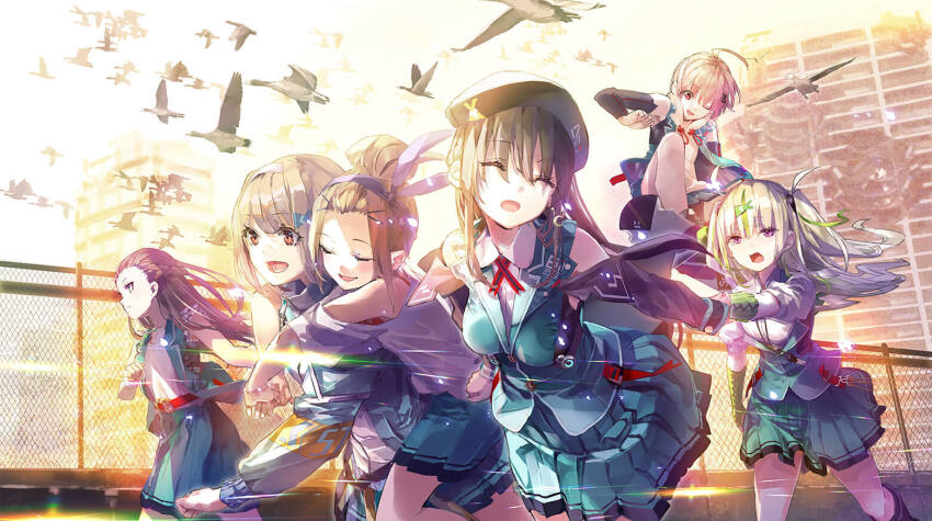 belt beret blonde_hair boots braid breasts brown_hair carrying detached_sleeves fish_hair_ornament gloves green_gloves green_hair green_skirt hair_bun hair_ornament half_up_braid half_updo hat heaven_burns_red holding_hands hood hoodie key large_breasts long_hair long_sleeves ooshima_ichiko ooshima_isuzu ooshima_minori ooshima_muua ooshima_niina ooshima_yotsuha outdoors pink_hair pleated_skirt purple_eyes red_belt running short_hair side_ahoge skates skating skirt sky sleepy sleeveless sleeveless_jacket sportswear sunlight team_31e_(heaven_burns_red) twilight two_side_up