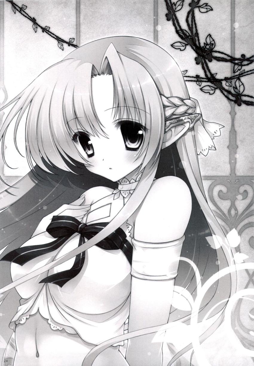 1girl armlet asuna_(sao) bare_shoulders blush braid breasts dot_nose elf greyscale hand_on_own_chest highres jewelry long_hair medium_breasts monochrome navel page_number pointy_ears scan shigunyan solo sword_art_online titania_(sao) upper_body