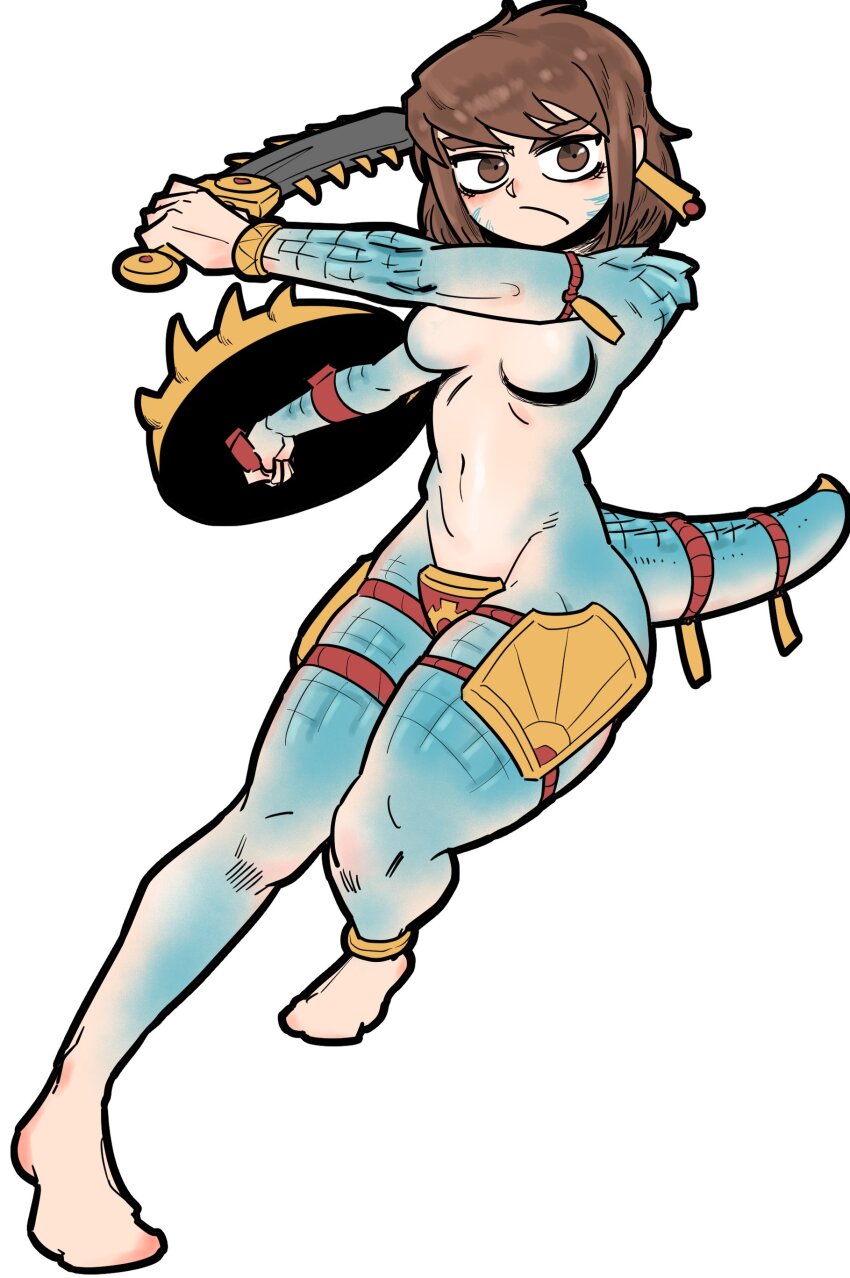 1girl absurdres aztec breasts brown_eyes brown_hair closed_mouth full_body highres holding holding_shield holding_sword holding_weapon lizard_tail lizardman_(warhammer_fantasy) looking_at_viewer medium_breasts no_nipples reptile_girl shield short_hair simple_background solo steam_darimy sword tail warhammer_fantasy weapon white_background