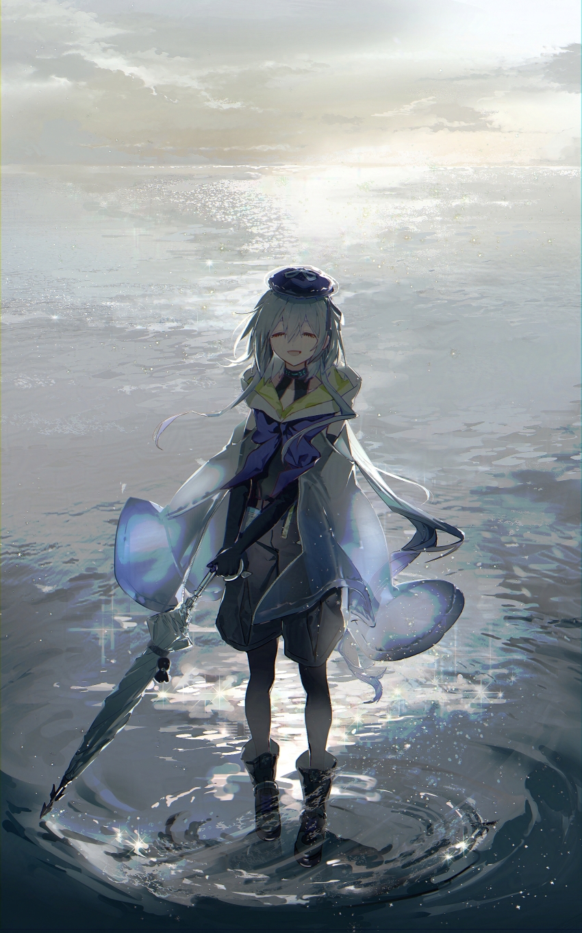 1boy :d absurdres arknights beret black_boots black_gloves black_pantyhose black_shorts blue_bow blue_hair blue_neckerchief boots bow cloak closed_eyes closed_umbrella cloud double-parted_bangs elbow_gloves facing_viewer full_body gloves hair_between_eyes hat highres hood hooded_cloak horizon id_card infection_monitor_(arknights) light_particles long_hair male_focus mizuki_(arknights) neckerchief ocean open_mouth outdoors pantyhose reflection reflective_water ripples seascape shorts smile solo standing standing_on_liquid sunlight teruterubouzu trap umbrella very_long_hair water xing_(gloryxing)