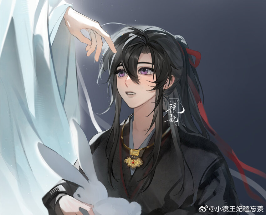2boys ahoge androgynous animal bishounen black_hair black_hanfu changmingsuo chinese_clothes commission hair_between_eyes hair_ribbon hand_on_another&#039;s_head hanfu holding holding_animal holding_rabbit lan_wangji long_hair long_sleeves looking_at_another male_focus modao_zushi multiple_boys out_of_frame parted_lips ponytail purple_eyes rabbit red_ribbon ribbon robe second-party_source sidelocks solo_focus teeth upper_body watermark wei_wuxian weibo_watermark white_hanfu white_rabbit_(animal) wide_sleeves xue_ding_ka_fei_du_wei