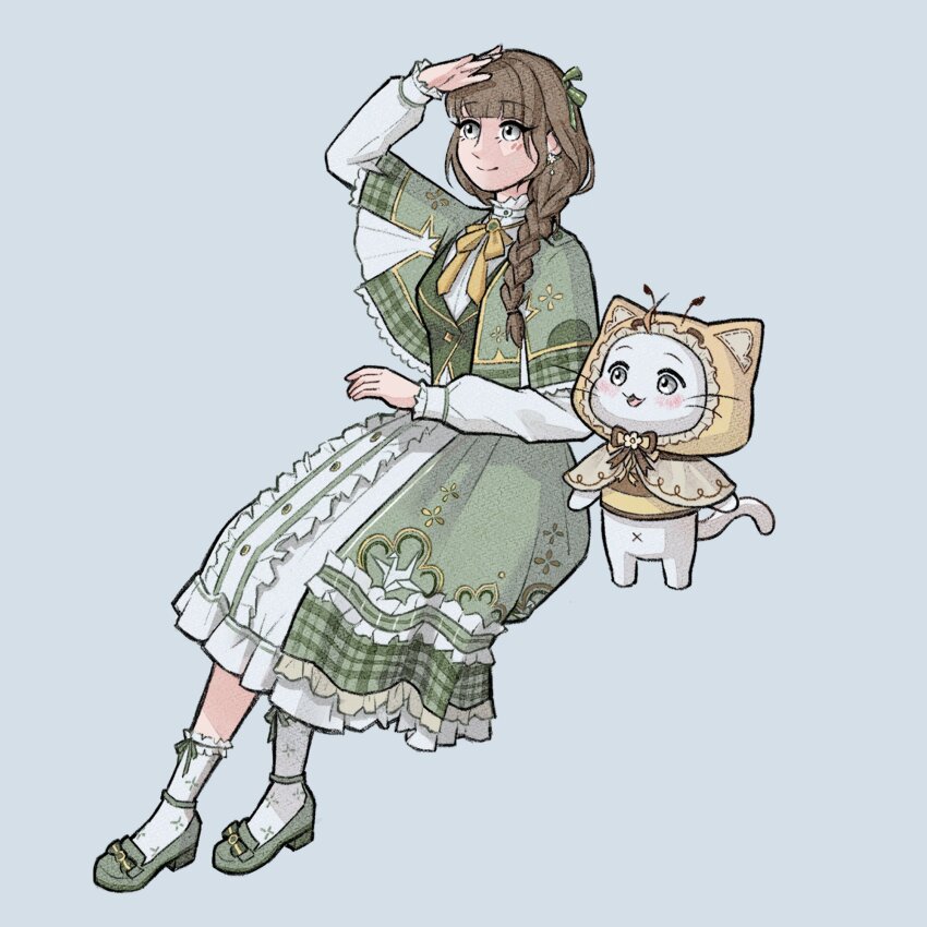 1girl ahoge alternate_costume alternate_hair_color alternate_hairstyle animal ankle_socks blue_background blunt_ends bow bow_legwear bowtie braid brown_bow brown_bowtie brown_hair brown_shirt buttons capelet cat center_frills cloak closed_mouth clothed_animal collared_shirt dress ear_covers earrings eyelashes fake_antennae floral_print flower_earrings footwear_bow frilled_capelet frilled_dress frilled_shirt_collar frilled_sleeves frilled_socks frills full_body green_bow green_capelet green_dress green_footwear green_vest grey_cloak grey_eyes hair_bow hair_over_shoulder hand_on_own_head happy high_collar high_heels highres hood hood_up hooded_cloak infinity_nikki invisible_chair jewelry layered_dress long_dress long_hair long_sleeves looking_ahead momo_(nikki) nikki_(nikki) nikki_(series) nxnjakat open_mouth origami paper_crane plaid_capelet plaid_clothes plaid_dress pumps rebirth_wish_(infinity_nikki) ribbon-trimmed_bow ribbon-trimmed_dress ribbon_trim shirt shirt_under_dress simple_background single_braid sitting smile socks two-tone_cloak two-tone_shirt vest white_cat white_dress white_shirt white_socks yellow_bow yellow_bowtie yellow_cloak yellow_shirt