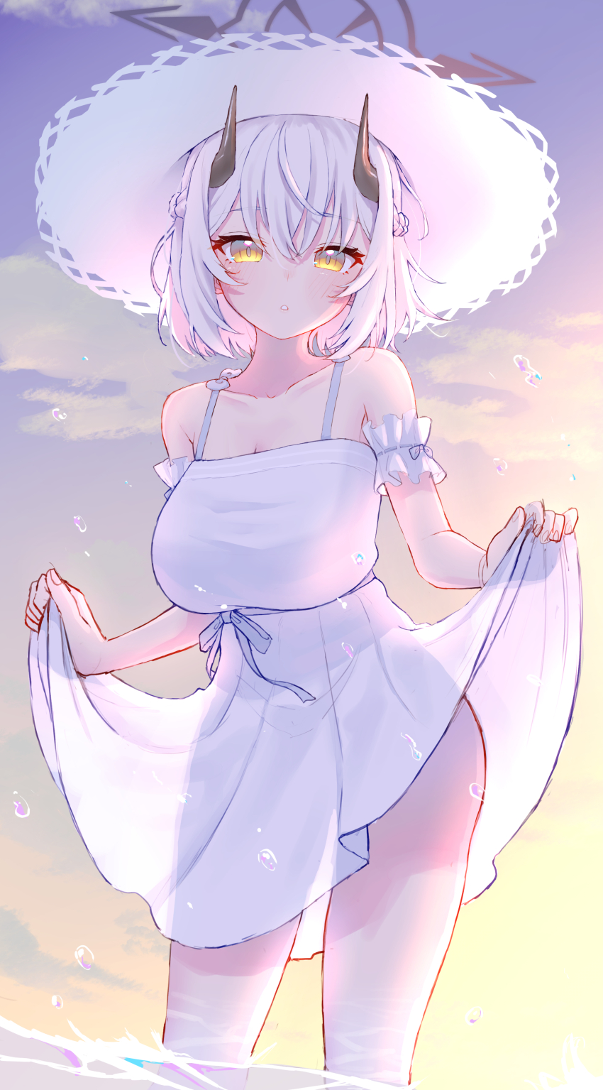 1girl absurdres armband bare_shoulders black_horns blue_archive braid breasts collarbone demon_girl demon_horns dress flower frilled_armband frills grey_halo half_up_braid halo hat hat_flower highres horns large_breasts looking_at_viewer official_alternate_costume outdoors sena_(blue_archive) sena_(casual)_(blue_archive) short_hair skirt_hold solo sun_hat sundress take-run-atelier wading white_armband white_dress white_hair white_hat yellow_eyes