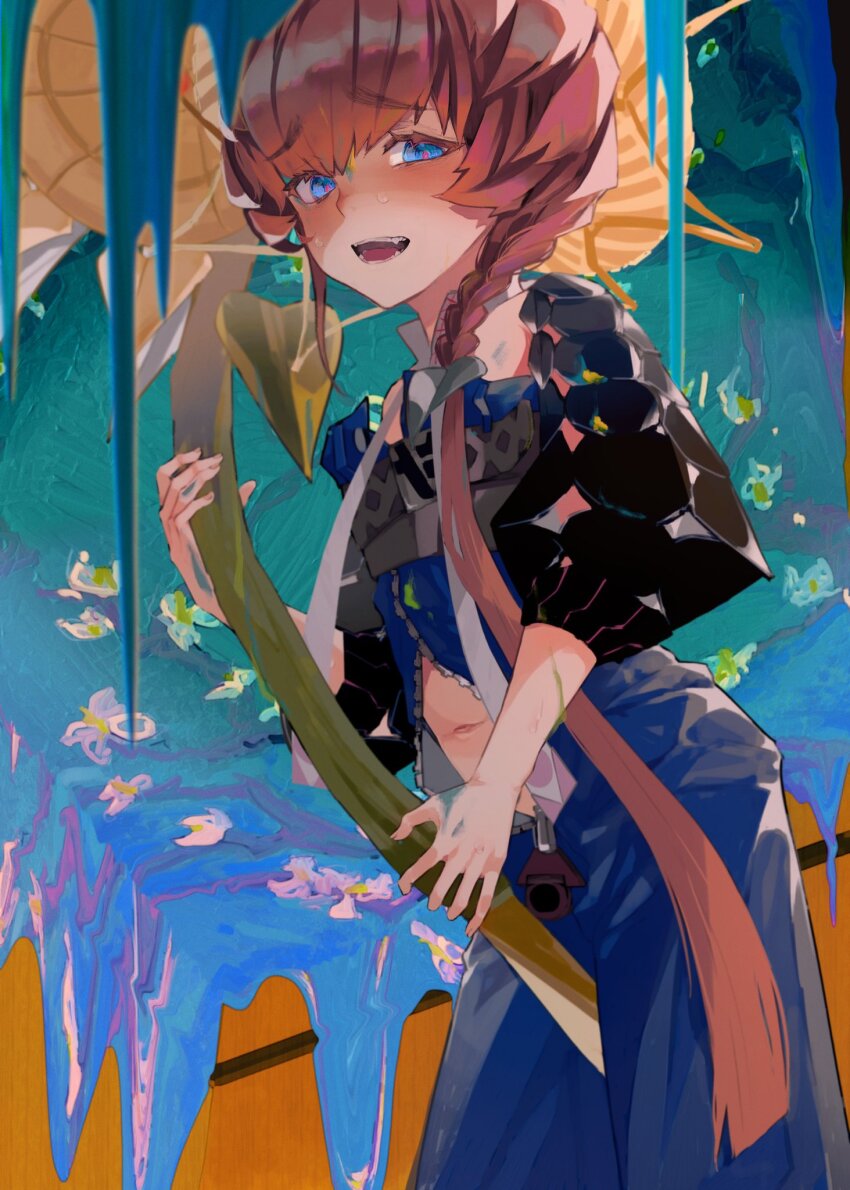 1girl blue_eyes blue_overalls blush braid brown_hair brush_stroke chest_belt crown_braid e_ixion fate/grand_order fate_(series) flower hair_ornament hat highres leaf_hair_ornament long_hair looking_at_viewer navel nervous open_mouth overall_shorts overalls see-through_clothes see-through_sleeves side_braid smile solo straw_hat sunflower sweat unzipped van_gogh_(fate) van_gogh_(first_ascension)_(fate) vincent_van_gogh_(style) yellow_hat