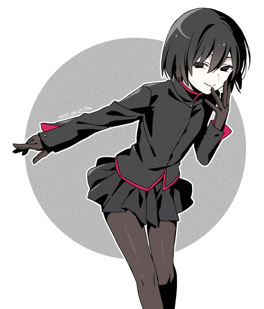 1boy absurdres black_eyes black_gloves black_hair black_jacket black_pantyhose black_skirt collared_jacket cowboy_shot crossdressing empty_eyes gakuran gloves highres jacket looking_at_viewer male_focus manimani_(mani_ma) monogatari_(series) oshino_ougi outstretched_arm pantyhose pleated_skirt school_uniform short_hair simple_background skirt smile solo trap white_background