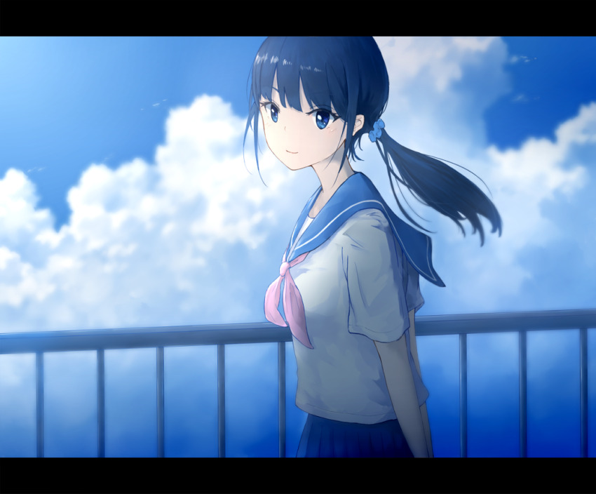 1girl anyotete arms_behind_back black_hair blue_eyes blue_sailor_collar blue_scrunchie blue_skirt blue_sky blurry blurry_background blush closed_mouth cloud commentary_request cowboy_shot day hair_ornament hair_scrunchie letterboxed long_hair looking_at_viewer low_ponytail neckerchief original outdoors pleated_skirt ponytail railing red_neckerchief sailor_collar school_uniform scrunchie serafuku shirt short_sleeves sidelocks skirt sky solo white_shirt