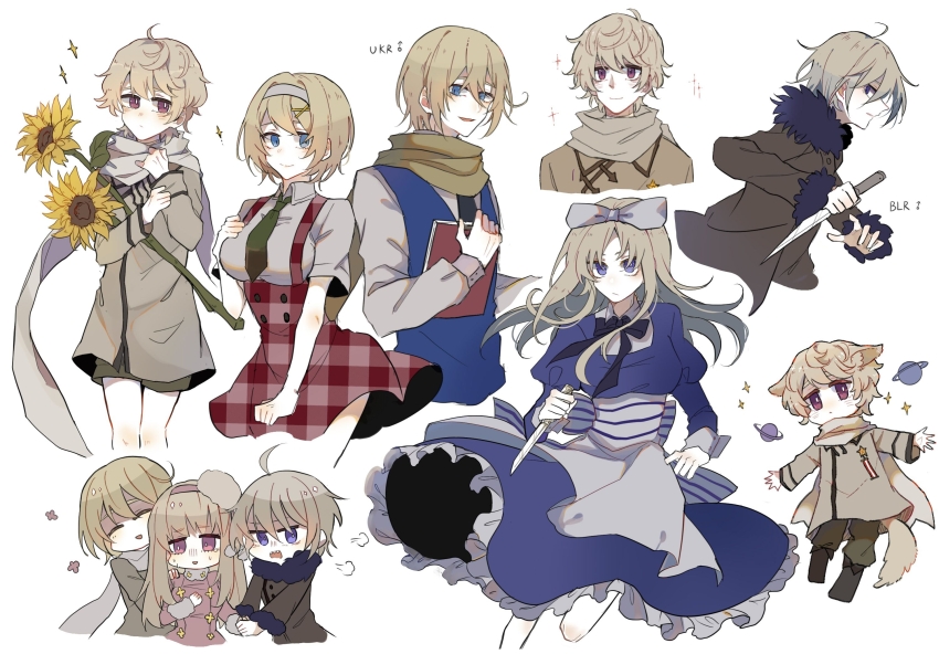 3boys 3girls ahoge apron axis_powers_hetalia back_bow belarus_(hetalia) belarus_(male)_(hetalia) black_boots black_jacket black_necktie black_ribbon blonde_hair blue_dress blue_eyes blue_vest book boots bow breasts bright_pupils chinese_commentary closed_eyes closed_mouth collared_shirt commentary_request dress frilled_dress frills fur-trimmed_jacket fur_trim genderswap genderswap_(ftm) genderswap_(mtf) green_necktie green_pants green_scarf green_shorts grey_apron grey_bow grey_jacket grey_scarf grey_shirt hair_bow hair_ornament hairband hand_on_own_chest highres holding holding_book holding_hands holding_sword holding_weapon jacket large_breasts long_hair multiple_boys multiple_girls neck_ribbon necktie open_mouth pants pink_eyes pink_hairband plaid_clothes plaid_skirt purple_eyes red_skirt ribbon russia_(female)_(hetalia) russia_(hetalia) scarf sharp_teeth shirt short_hair shorts skirt smile sparkle striped_bow suspender_skirt suspenders sweat sword teeth ukraine_(hetalia) vest waist_apron weapon white_background white_pupils x_hair_ornament yuezhuanlang