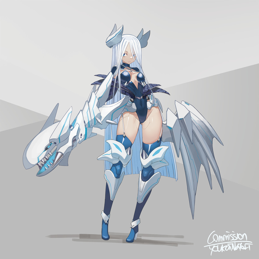 1girl android blue-eyes_white_dragon blue_eyes blue_leotard blue_thighhighs breasts closed_mouth commentary_request commission covered_navel garter_straps grey_background groin highres leotard long_hair medium_breasts natori_youkai parted_bangs signature solo thighhighs very_long_hair white_hair yu-gi-oh!