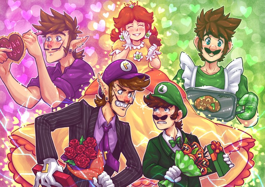 1girl 2boys blue_eyes brooch brown_hair closed_eyes dress earrings facial_hair fire_flower flower flower_earrings gloves grin hat heart highres jewelry looking_at_another luigi mario_(series) multiple_boys mustache mystar21 nintendo orange_dress princess_daisy puffy_short_sleeves puffy_sleeves red_hair short_sleeves smile spoken_heart waluigi