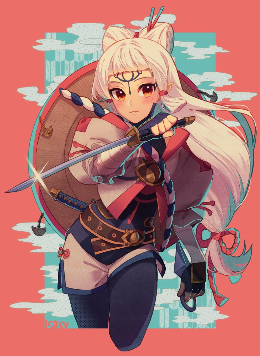 1girl cowboy_shot eye_symbol facial_mark forehead_mark hair_ornament hair_stick hat_on_back highres holding holding_sword holding_weapon hyrule_warriors:_age_of_calamity impa isakysaku katana kunai long_hair looking_at_viewer low-tied_long_hair nintendo parted_lips pointy_ears red_background sheikah solo sword the_legend_of_zelda the_legend_of_zelda:_breath_of_the_wild very_long_hair weapon white_hair yellow_eyes