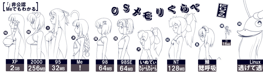 2000-tan 2003_server 2k-tan 6+girls 95-tan 98-tan 98se-tan ^_^ ahoge bra bust_chart ce-tan chart closed_eyes closed_eyes glasses greyscale hair_between_eyes inu-t lingerie linux long_image me-tan monochrome multiple_girls nt-tan os-tan translation_request underwear wide_image xp-tan