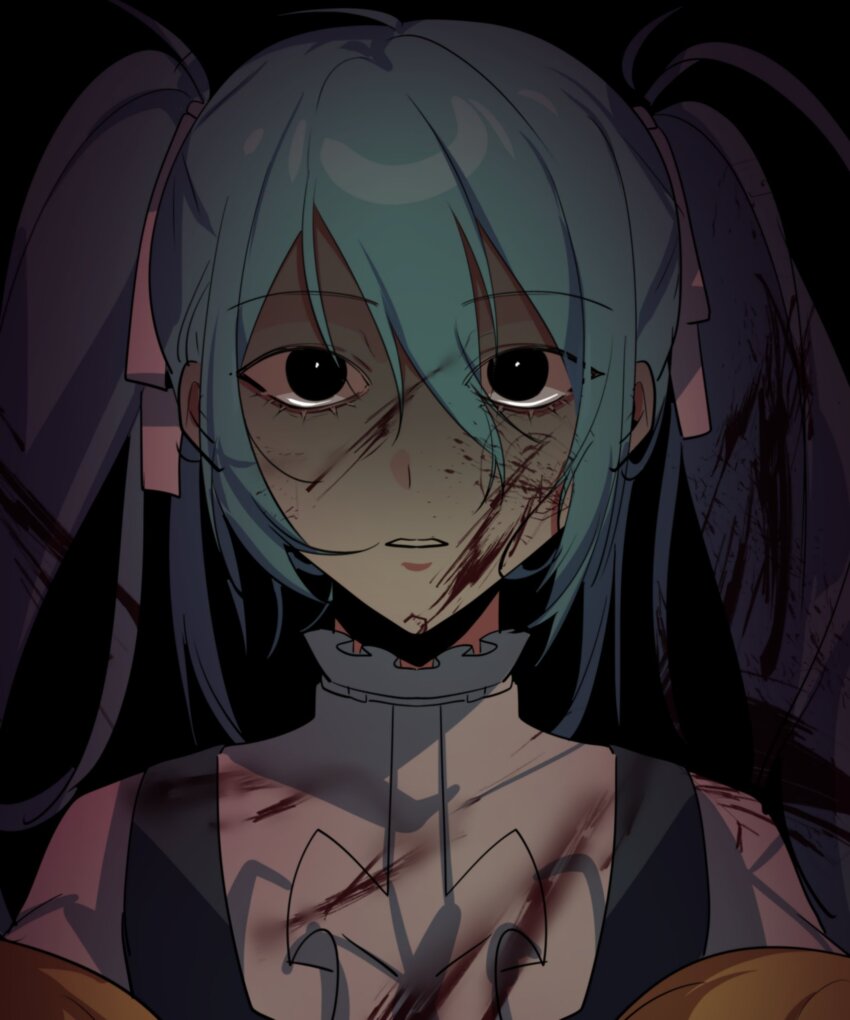 1girl aqua_dress aqua_eyes aqua_hair baby black_eyes blonde_hair blood blood_on_clothes blood_on_face blood_stain blouse carrying carrying_baby carrying_person collar dress eve_moonlit evillious_nendaiki expressionless frilled_collar frills hair_between_eyes hair_ribbon hatsune_miku highres kaimiku_yummy long_hair moonlit_bear_(vocaloid) parted_lips ribbon shaded_face shirt solo_focus twintails very_long_hair vocaloid