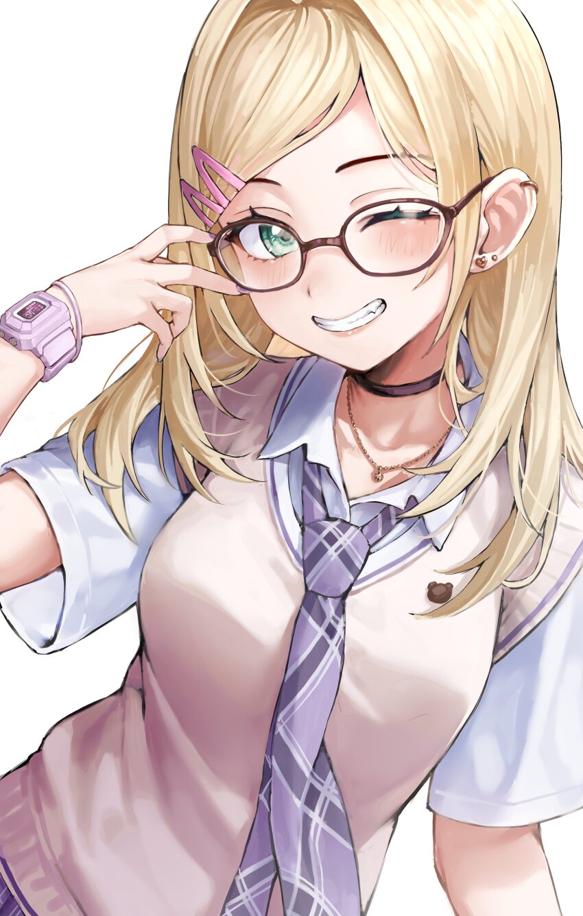 1girl absurdres black_choker blonde_hair choker fairxw glasses green_eyes grin hair_ornament hairclip highres kurumi_noah kurumi_noah_(8th_costume) long_hair looking_at_viewer necktie one_eye_closed purple_necktie school_uniform shirt smile solo virtual_youtuber vspo! white_background white_shirt