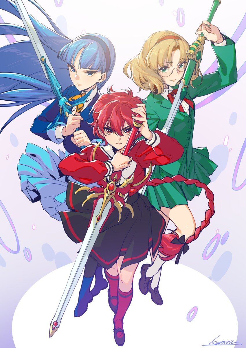 3girls blonde_hair blue_eyes blue_hair blue_hairband blue_skirt bow braid dress escudo_sword_(rayearth) glasses green_eyes hairband highres holding holding_sword holding_weapon hououji_fuu kotatsu_(g-rough) long_hair looking_at_viewer magic_knight_rayearth multiple_girls rapier red_eyes red_hair round_eyewear ryuuzaki_umi school_uniform shidou_hikaru short_hair single_braid skirt smile sword weapon